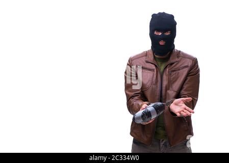 Ladro che indossa balaclava isolato su sfondo bianco Foto Stock