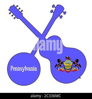 Un tipico quattro banjo stringa in silhouette con una chitarra acustica al di sopra della Pennsylvania State bandiera su sfondo bianco Foto Stock