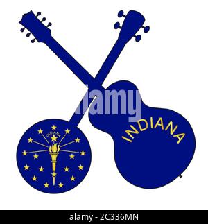 Un tipico quattro banjo stringa in silhouette con una chitarra acustica su Indiana la bandiera dello stato su sfondo bianco Foto Stock