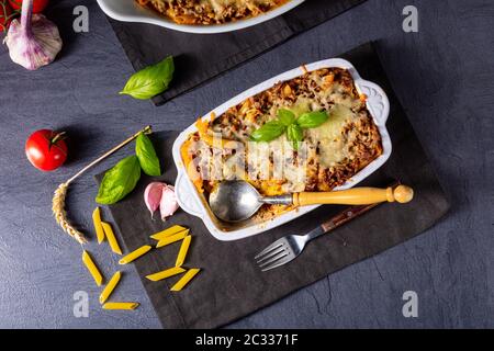 spaghetti, casseruola di carne tritata con formaggio Foto Stock