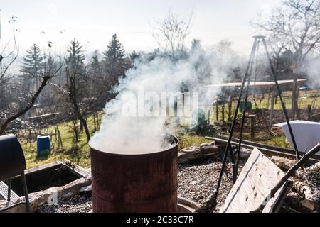 Barile fumante nel mezzo del giardino Foto Stock