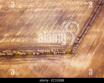 Svuotare il campo arato all'inizio della primavera. Inizio della stagione di giardinaggio, vista aerea superiore. Struttura arata. Soleggiata scena rurale marzo. Bielorussia, regione di Minsk Foto Stock