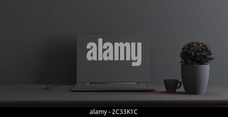 Stativo per spazio di lavoro con tavolo e impianto, laptop, tazza; parete anteriore adesiva rendering 3D a un colore Foto Stock