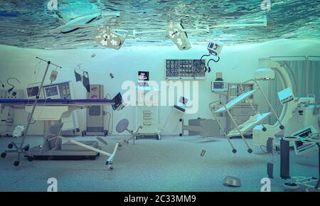 Abstract 3D Rendering immagine di una sala operatoria di un ospedale allagata. Concetto di questioni riguardanti gli ospedali e salute. Foto Stock