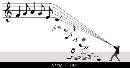 Un uomo tira le file di uno staff musicale che batte appunti fuori dal personale e sul terreno, mentre cerca di scaricare musica. Illustrazione Vettoriale