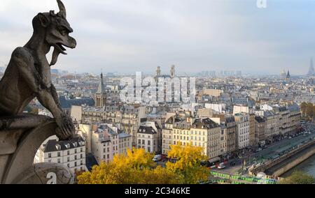 Chimere (doccioni della cattedrale di Notre Dame de Paris con vista su Parigi, Francia Foto Stock