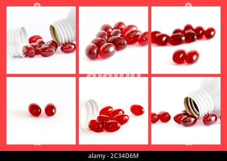 Collage di un olio di krill capsule su bianco, Foto Stock