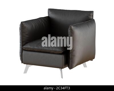 Poltrona morbida nera con gambe in ferro su sfondo bianco Foto Stock