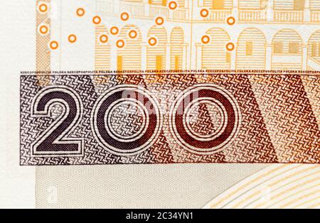 Un disegno di legge nuovo e pulito del valore di duecento zloty polacchi, un primo piano di denaro polacco sul fronte, l'ossverse degli zlotys Foto Stock