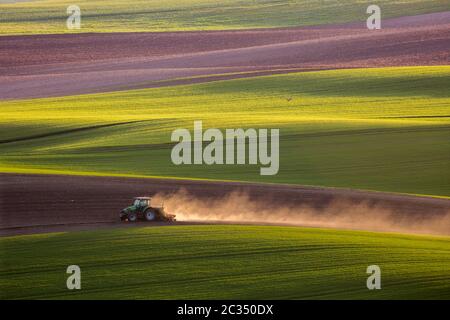 La luce del tramonto su trattore di aratura in primavera, in Moravia del Sud, Repubblica Ceca Foto Stock