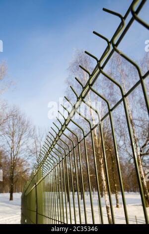 parte del reticolo metallico sottile, parte della recinzione e recinzione, primo piano nella stagione invernale gelosa Foto Stock