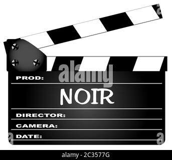 Un tipico film clapperboard con la leggenda Noir isolato su bianco. Foto Stock