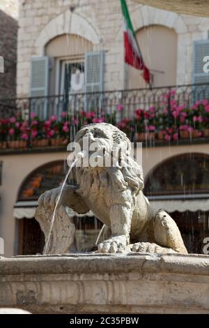 Lion fontana nella piazza principale della città di Assisi, Italia Foto Stock