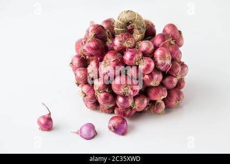 Scalogni freschi - cipolle rosse su sfondo bianco Foto Stock