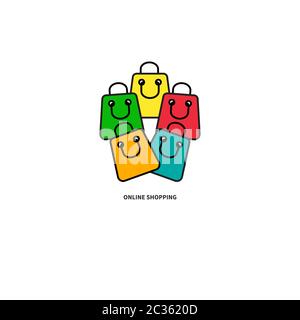 Logo dello shopping online, icona divertente del negozio online, segno del negozio, pacchetti sorridenti Illustrazione Vettoriale