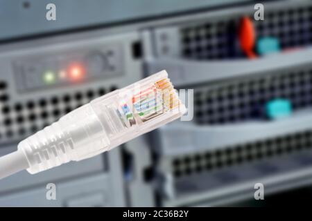 Immagine concettuale della connessione dati con cavo patch rj45 in primo piano e array di dischi in background. Foto Stock