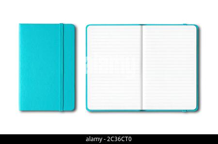 Aqua blu chiuso e aperto notebook mockup isolato su bianco Foto Stock