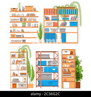 Libreria, libreria, libreria, libreria o supporto con boook, accessori, carta da ufficio e piegatrice con verde, piante in pentole. Home e. Illustrazione Vettoriale