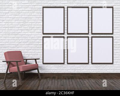Mock up cornici fotografiche con poltrona e parete 3D render illustrazione Foto Stock