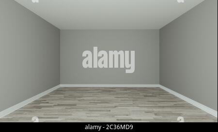 Parquet in legno vano vuoto con pareti dipinte e zoccolo bianco 3D rendering Foto Stock