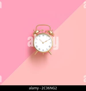 Classic color oro orologio sveglia su una due-tono di sfondo rosa. Piatto stile di laici. Immagine 3D render. Foto Stock