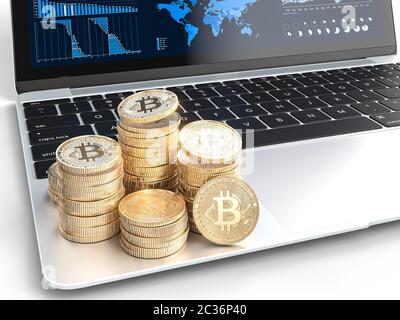 Oro monete bitcoin sul laptop moderno con i grafici finanziari in background. cryptocurrency concetto. Immagine 3D render Foto Stock