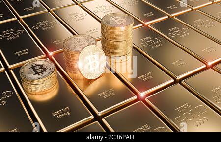 Oro monete bitcoin su classic lingotti, concetto di cryptocurrency ed economia.3D render image Foto Stock