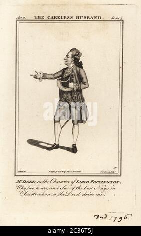 James William Dodd nel personaggio di Lord Foppington in Colley Cibber il marito incurante, Drury Lane Theatre, 1767. Dodd era un attore inglese, una delle società scelte da David Garrick, 1740?–1796. Incisione su copperplate dopo un'illustrazione di James Roberts del British Theatre di Bell, composta dalle più prestigiosite opere inglesi, John Bell, Londra, 1777. Foto Stock