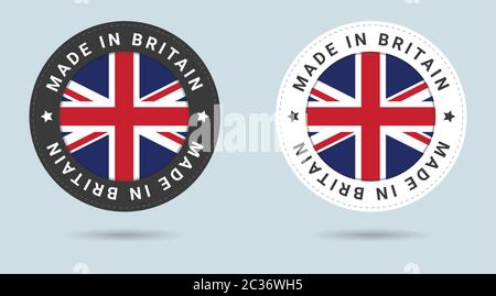 Set di due adesivi inglesi. Prodotto in Gran Bretagna. Icone semplici con flag. Illustrazione Vettoriale