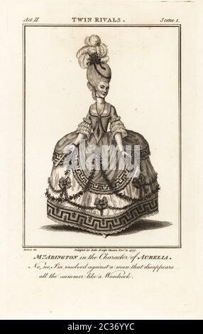 La signora Frances Abington nel personaggio di Aurelia nel The Twin Rivals di George Farquhar, Drury Lane Theatre, 1771. Fanny Abington era un'attrice britannica, conosciuta per la sua recitazione e la sua moda, 1737-1815. Incisione su copperplate dopo un'illustrazione di James Roberts del British Theatre di Bell, composta dalle più prestigiosite opere inglesi, John Bell, Londra, 1777. Foto Stock