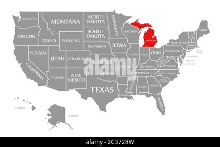 Michigan evidenziata in rosso nella mappa degli Stati Uniti d'America Foto Stock