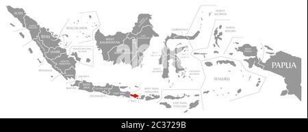 Bali evidenziata in rosso nella mappa di Indonesia Foto Stock