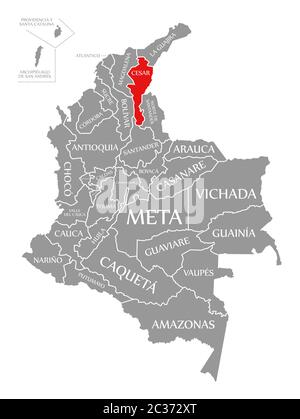 Cesar evidenziata in rosso nella mappa della Colombia Foto Stock