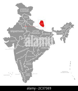 Delhi evidenziata in rosso nella mappa di India Foto Stock