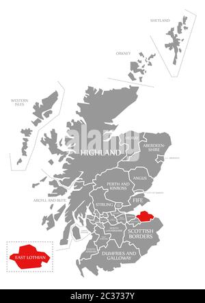 East Lothian evidenziata in rosso nella mappa della Scozia UK Foto Stock