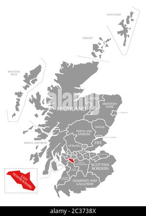 East Renfrewshire evidenziata in rosso nella mappa della Scozia UK Foto Stock