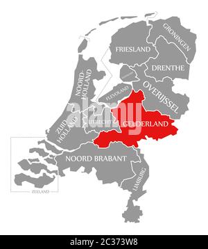 Gelderland evidenziata in rosso nella mappa dei Paesi Bassi Foto Stock