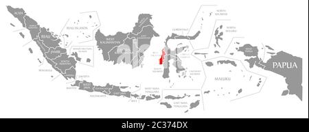 West Sulawesi evidenziata in rosso nella mappa di Indonesia Foto Stock