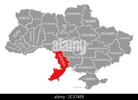 Odessa evidenziata in rosso nella mappa dell'Ucraina Foto Stock