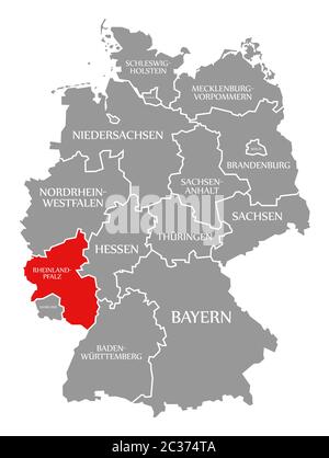 Renania Palatinato evidenziata in rosso nella mappa della Germania Foto Stock