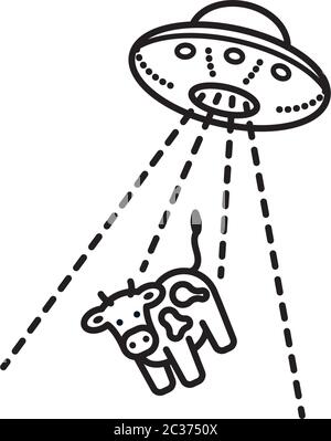 UFO che abdotto un'icona di linea vettoriale di un fumetto bovino. Piatto volante con mucca in simbolo di fascio trasportatore. Illustrazione Vettoriale