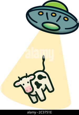 UFO abdotto un cartone animato di mucca illustrazione vettoriale isolata per la Giornata Mondiale UFO il 24 giugno. Piatto volante con mucca in trave trasportatore. Illustrazione Vettoriale