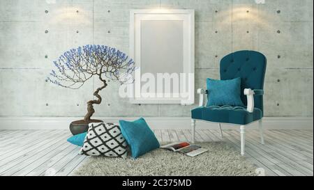 Cornici con blue bergere e parete in cemento decor, sfondo, modello di progettazione Foto Stock