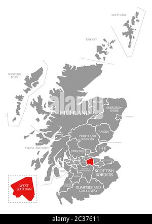 West Lothian evidenziata in rosso nella mappa della Scozia UK Foto Stock