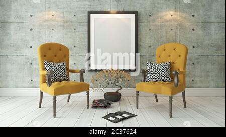 Cornici con doppio giallo bergere e parete in cemento decor, sfondo, modello di progettazione Foto Stock