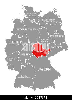 Turingia evidenziata in rosso nella mappa della Germania Foto Stock