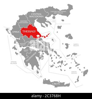 Tessaglia evidenziata in rosso nella mappa della Grecia Foto Stock