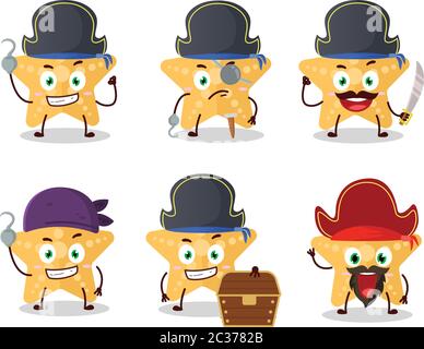 Personaggio cartoon di stelle marine gialle con varie emoticon pirati Illustrazione Vettoriale