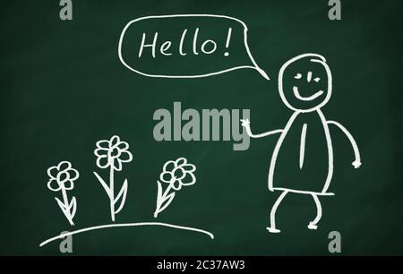Sulla lavagna disegnare caratteri e scrivere Hello Foto Stock