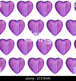 Modello senza cuciture con acquarello cuori. Gara cuori viola con Grana carta rettilineo con linee viola su uno sfondo bianco. Per quanto riguarda Wedding invitat Foto Stock